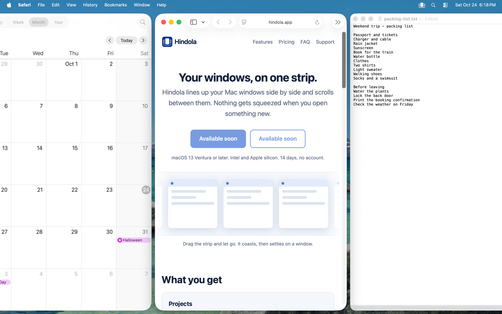 Hindola on a Mac: Calendar, Safari and a TextEdit note side by side on one strip, with more windows waiting past the screen edges.